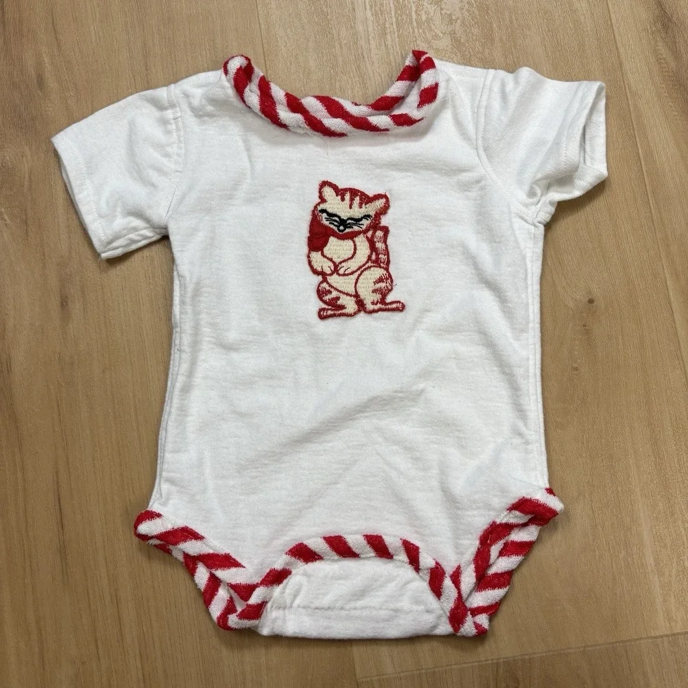 VTG Handmade Baby Romper Cat Kitten Embroidered 6 Month Red And White